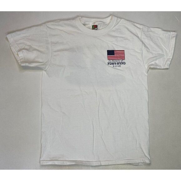 VINTAGE In Memory Of 9-11 Twin Towers FDNY PDNY Graphic T-shirt Men Medium White - Picture 3 of 6
